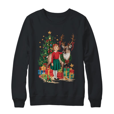 Retro Vintage Christmas 1950 1960 Girl Reindeer Xmas Tree Shirt & Sweatshirt | teecentury