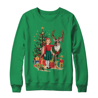 Retro Vintage Christmas 1950 1960 Girl Reindeer Xmas Tree Shirt & Sweatshirt | teecentury