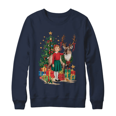 Retro Vintage Christmas 1950 1960 Girl Reindeer Xmas Tree Shirt & Sweatshirt | teecentury
