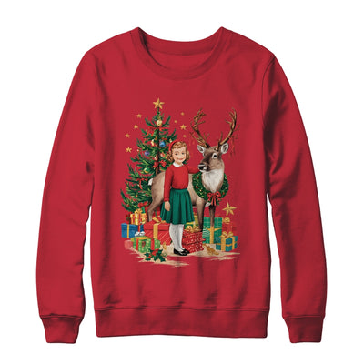 Retro Vintage Christmas 1950 1960 Girl Reindeer Xmas Tree Shirt & Sweatshirt | teecentury