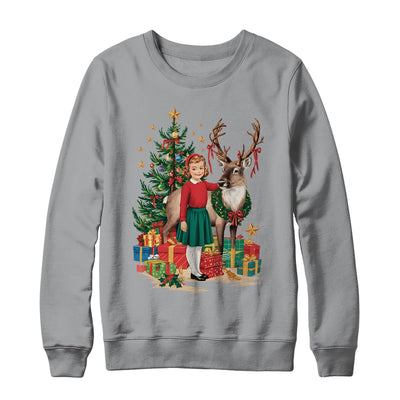 Retro Vintage Christmas 1950 1960 Girl Reindeer Xmas Tree Shirt & Sweatshirt | teecentury