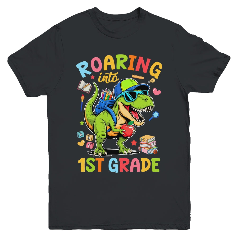 Roaring Into 1st Grade Back To School Boys T-Rex Dinosaur Youth Shirt | teecentury