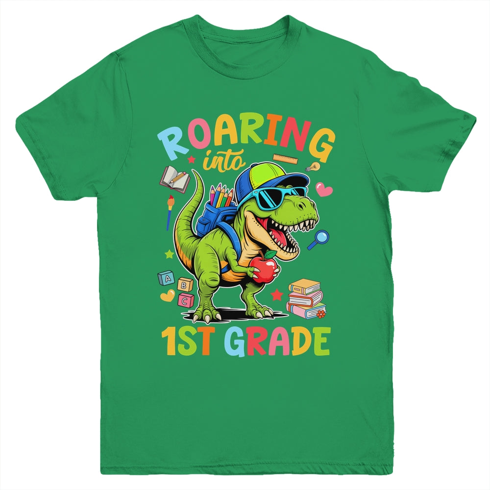 Roaring Into 1st Grade Back To School Boys T-Rex Dinosaur Youth Shirt | teecentury
