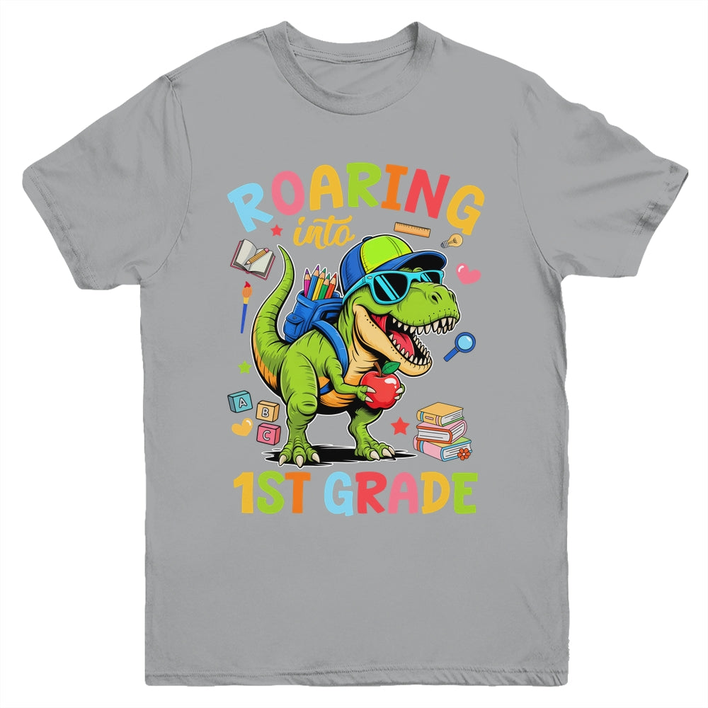 Roaring Into 1st Grade Back To School Boys T-Rex Dinosaur Youth Shirt | teecentury
