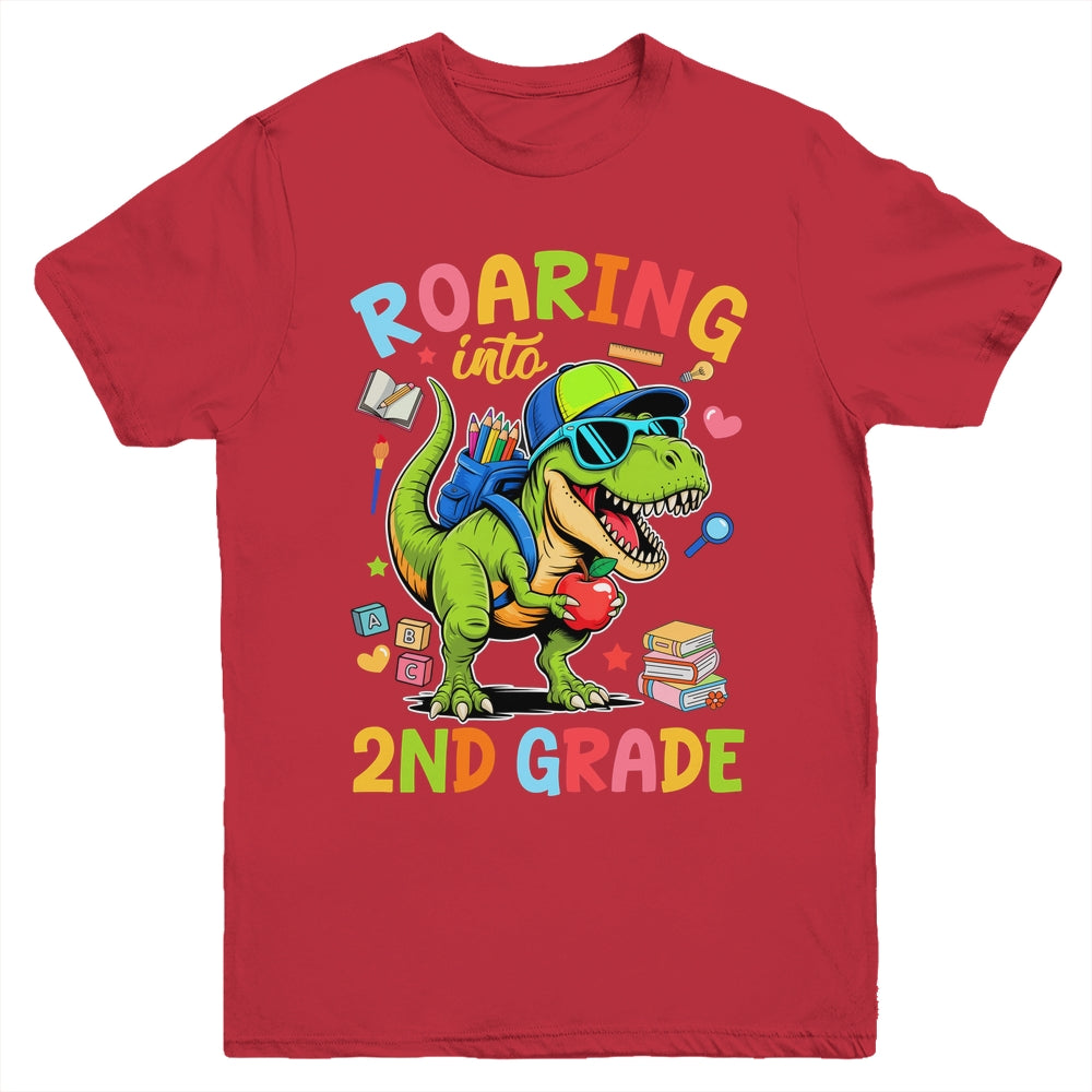 Roaring Into 2nd Grade Back To School Boys T-Rex Dinosaur Youth Shirt | teecentury