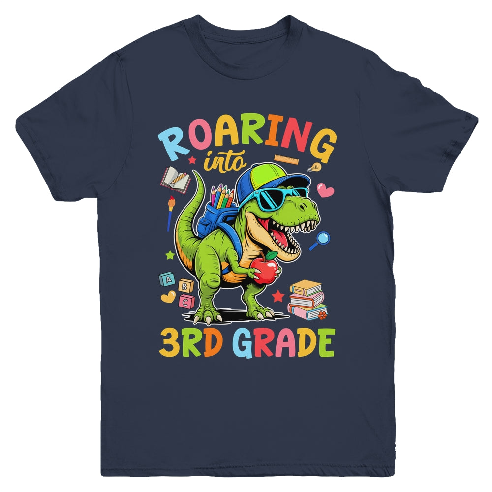 Roaring Into 3rd Grade Back To School Boys T-Rex Dinosaur Youth Shirt | teecentury