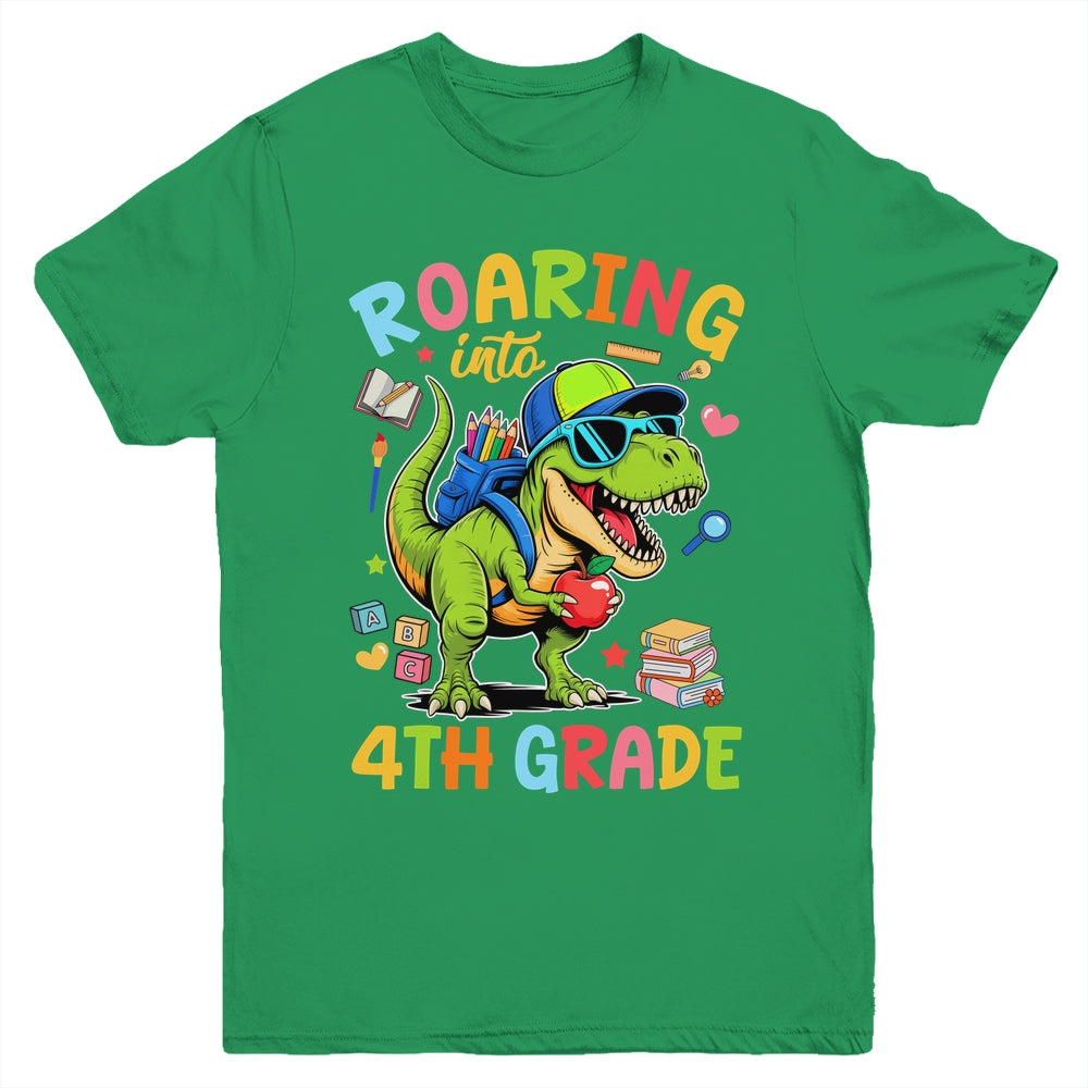 Roaring Into 4th Grade Back To School Boys T-Rex Dinosaur Youth Shirt | teecentury
