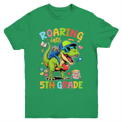 Roaring Into 5th Grade Back To School Boys T-Rex Dinosaur Youth Shirt | teecentury