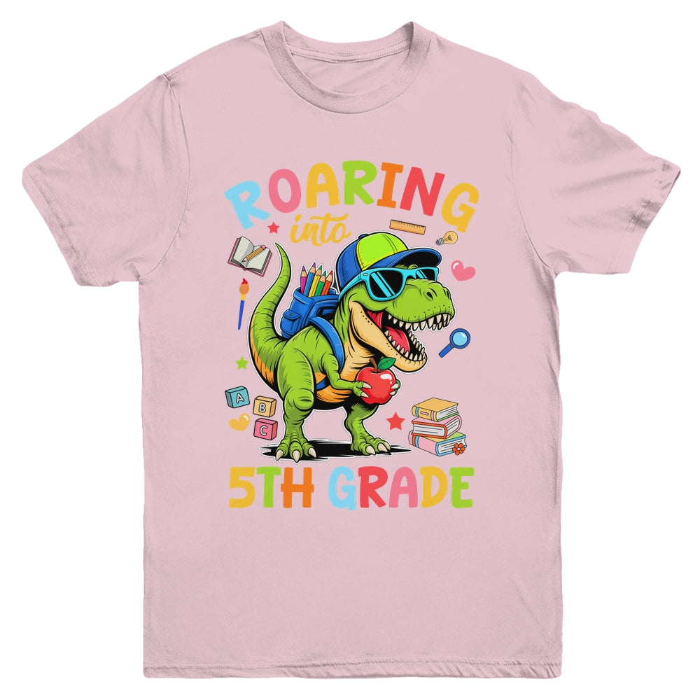 Roaring Into 5th Grade Back To School Boys T-Rex Dinosaur Youth Shirt | teecentury