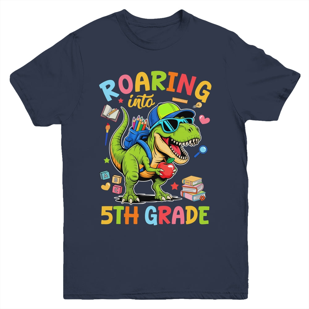 Roaring Into 5th Grade Back To School Boys T-Rex Dinosaur Youth Shirt | teecentury
