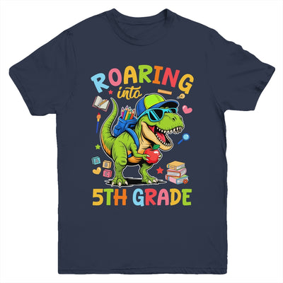 Roaring Into 5th Grade Back To School Boys T-Rex Dinosaur Youth Shirt | teecentury