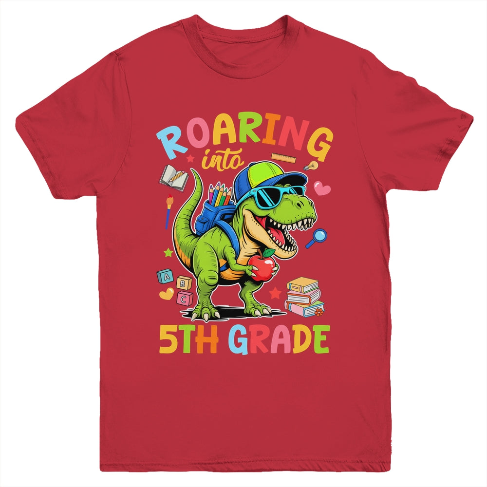 Roaring Into 5th Grade Back To School Boys T-Rex Dinosaur Youth Shirt | teecentury