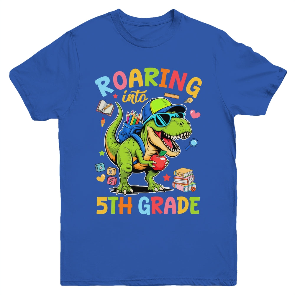 Roaring Into 5th Grade Back To School Boys T-Rex Dinosaur Youth Shirt | teecentury