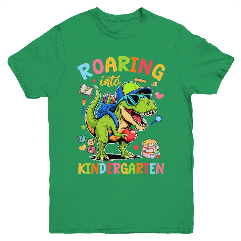 Roaring Into Kindergarten Back To School Boys T-Rex Dinosaur Youth Shirt | teecentury