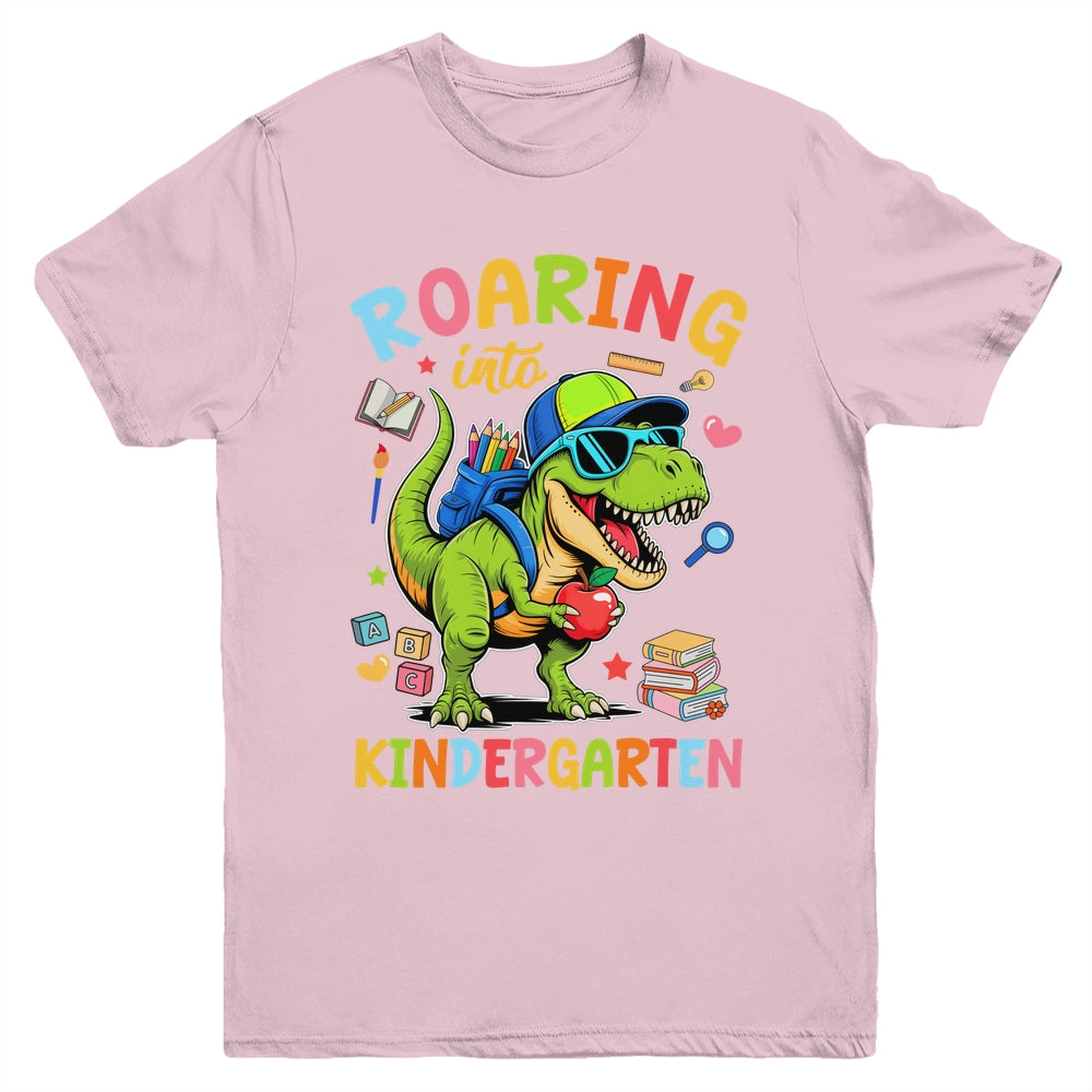Roaring Into Kindergarten Back To School Boys T-Rex Dinosaur Youth Shirt | teecentury