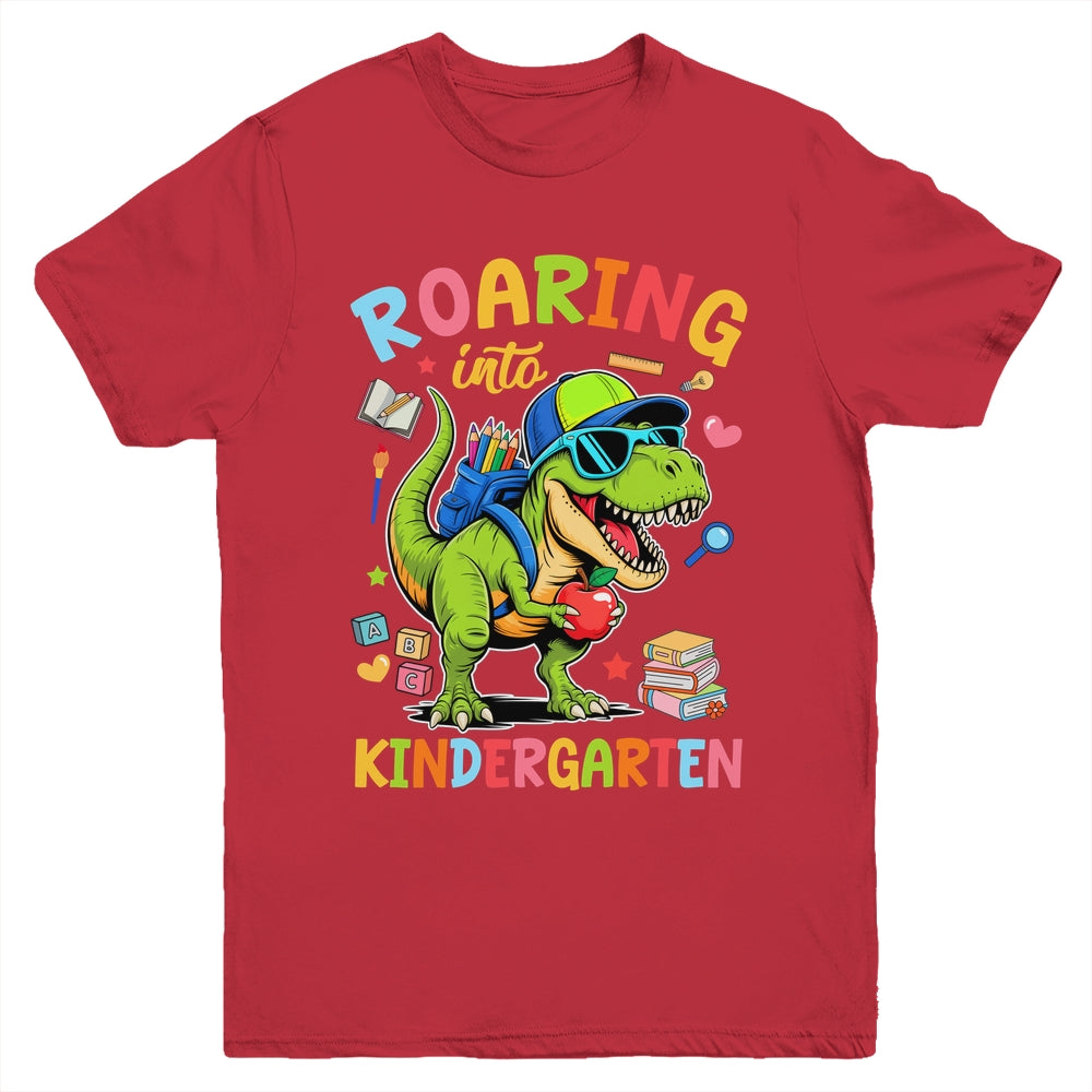 Roaring Into Kindergarten Back To School Boys T-Rex Dinosaur Youth Shirt | teecentury