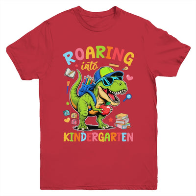Roaring Into Kindergarten Back To School Boys T-Rex Dinosaur Youth Shirt | teecentury