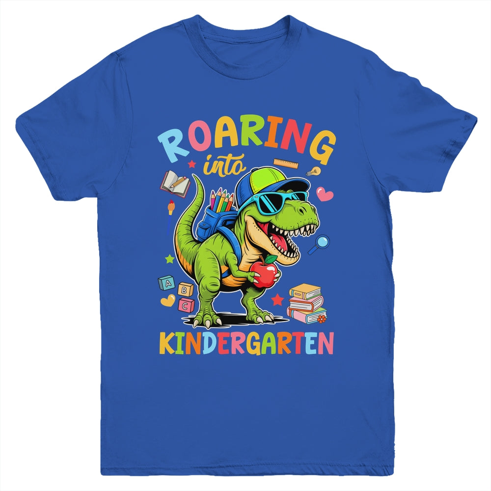 Roaring Into Kindergarten Back To School Boys T-Rex Dinosaur Youth Shirt | teecentury