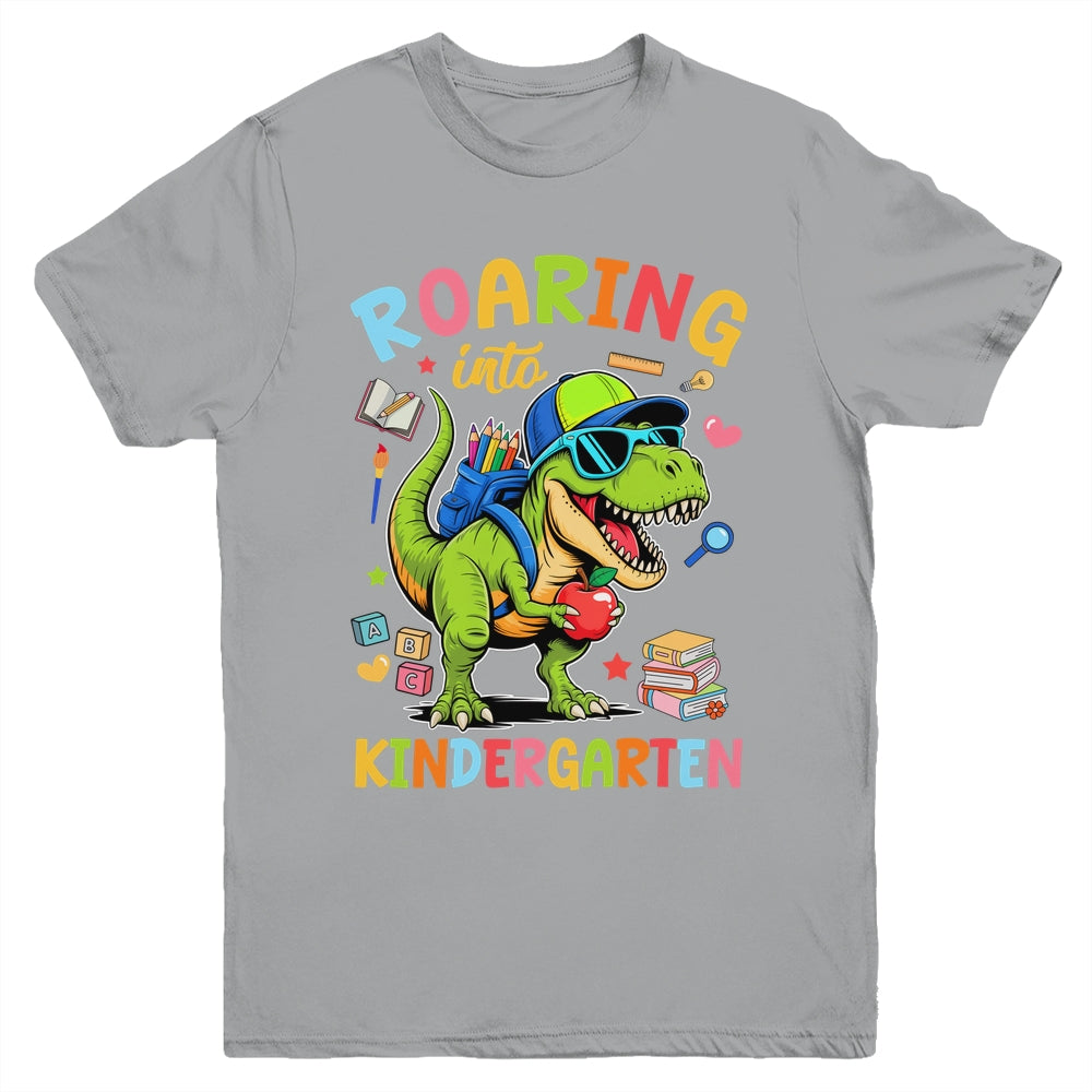 Roaring Into Kindergarten Back To School Boys T-Rex Dinosaur Youth Shirt | teecentury