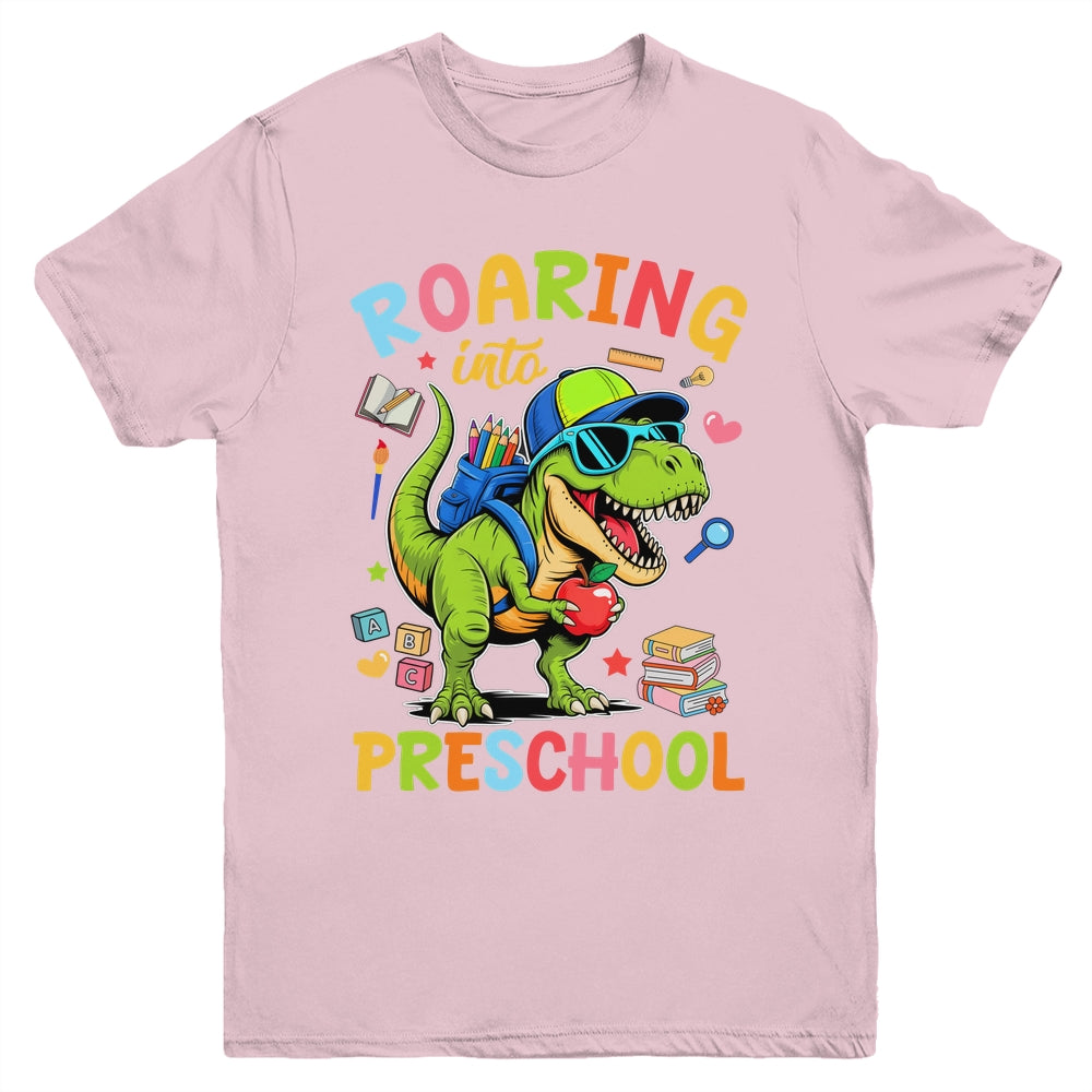 Roaring Into Preschool Back To School Boys T-Rex Dinosaur Youth Shirt | teecentury