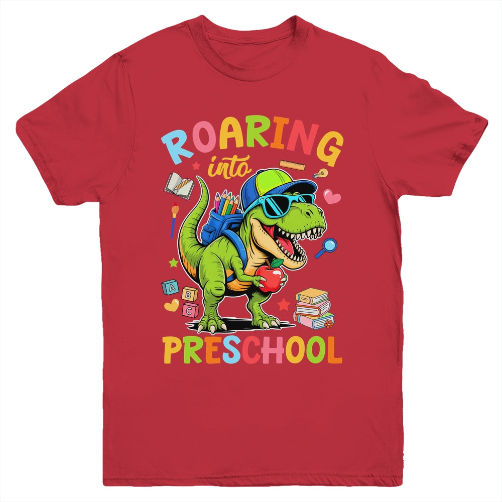 Roaring Into Preschool Back To School Boys T-Rex Dinosaur Youth Shirt | teecentury