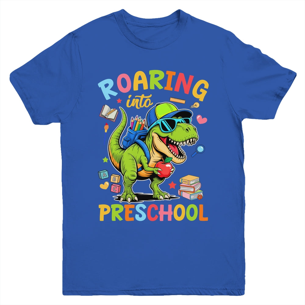 Roaring Into Preschool Back To School Boys T-Rex Dinosaur Youth Shirt | teecentury