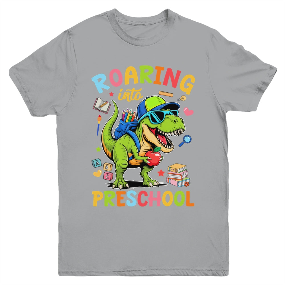 Roaring Into Preschool Back To School Boys T-Rex Dinosaur Youth Shirt | teecentury