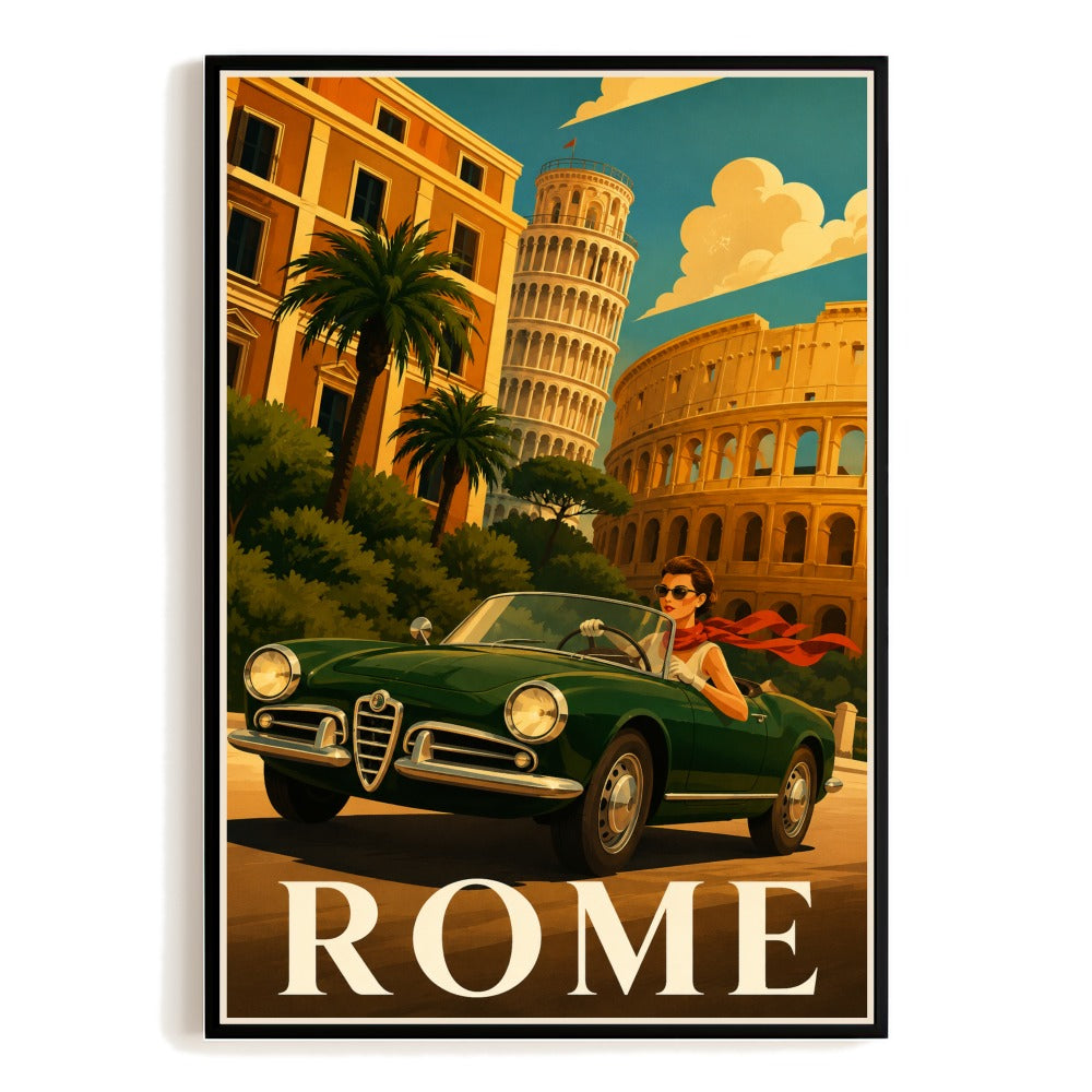 Rome Italy Travel Poster Vintage Retro Car Woman Driving Wall Art Decor Colosseum Leaning Tower Print Painting Picture Ideal For Home Living Room Kitchen Unframed | teecentury