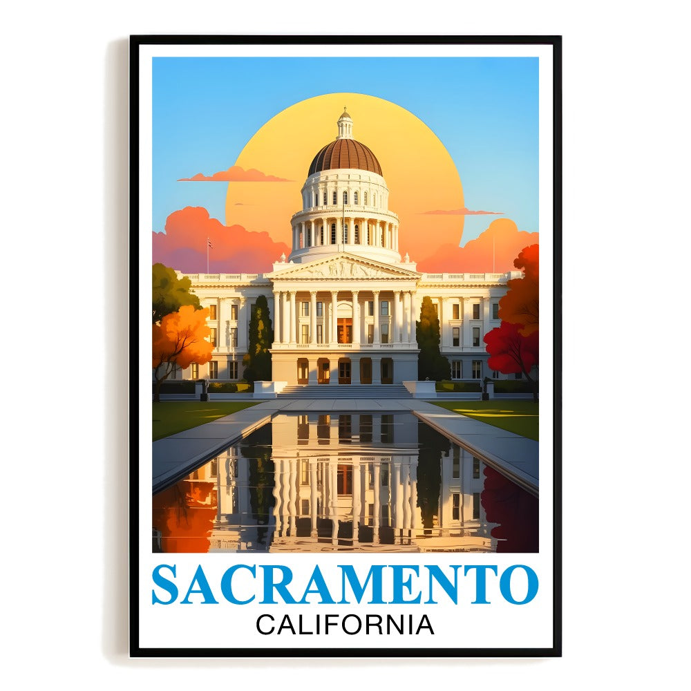 Sacramento California Vintage Travel Poster State Capitol Sunset Autumn Souvenir Landscape Wall Art Print Ideal For Home Office Living Room Bedroom Decor Unframed | teecentury