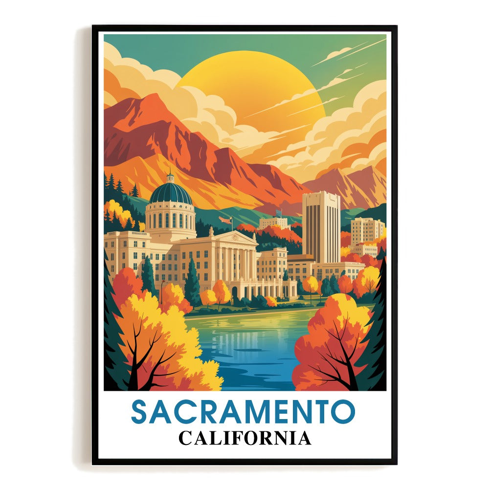 Sacramento California Vintage Travel Poster State Capitol Sunset Mountain Landscape Souvenir Wall Art Print Ideal For Home Office Living Room Bedroom Decor Unframed | teecentury