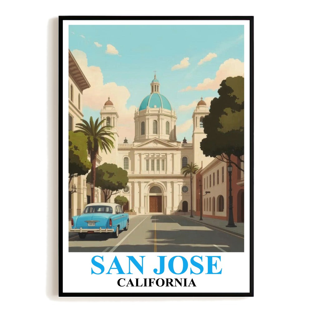 San Jose California Vintage Travel Poster Cathedral Basilica Street Scene Classic Cars Wall Art Landscape Print Ideal For Home Office Living Room Bedroom Decor Unframed | teecentury