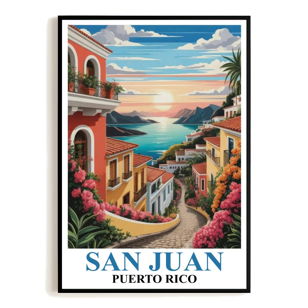 San Juan Puerto Rico Vintage Travel Poster Colorful Old San Juan Houses Sunset Ocean View Wall Art Landscape Print Ideal For Home Office Living Room Decor Unframed | teecentury