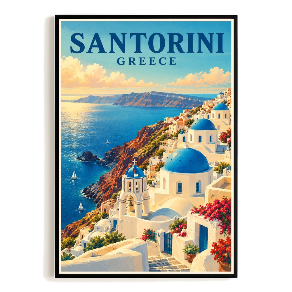 Santorini Greece Blue Dome Cliffside Travel Gift Poster Vintage Aegean Sea Wall Art Print Mediterranean Island Souvenir Decor For Home Living Room Bedroom Unframed | teecentury