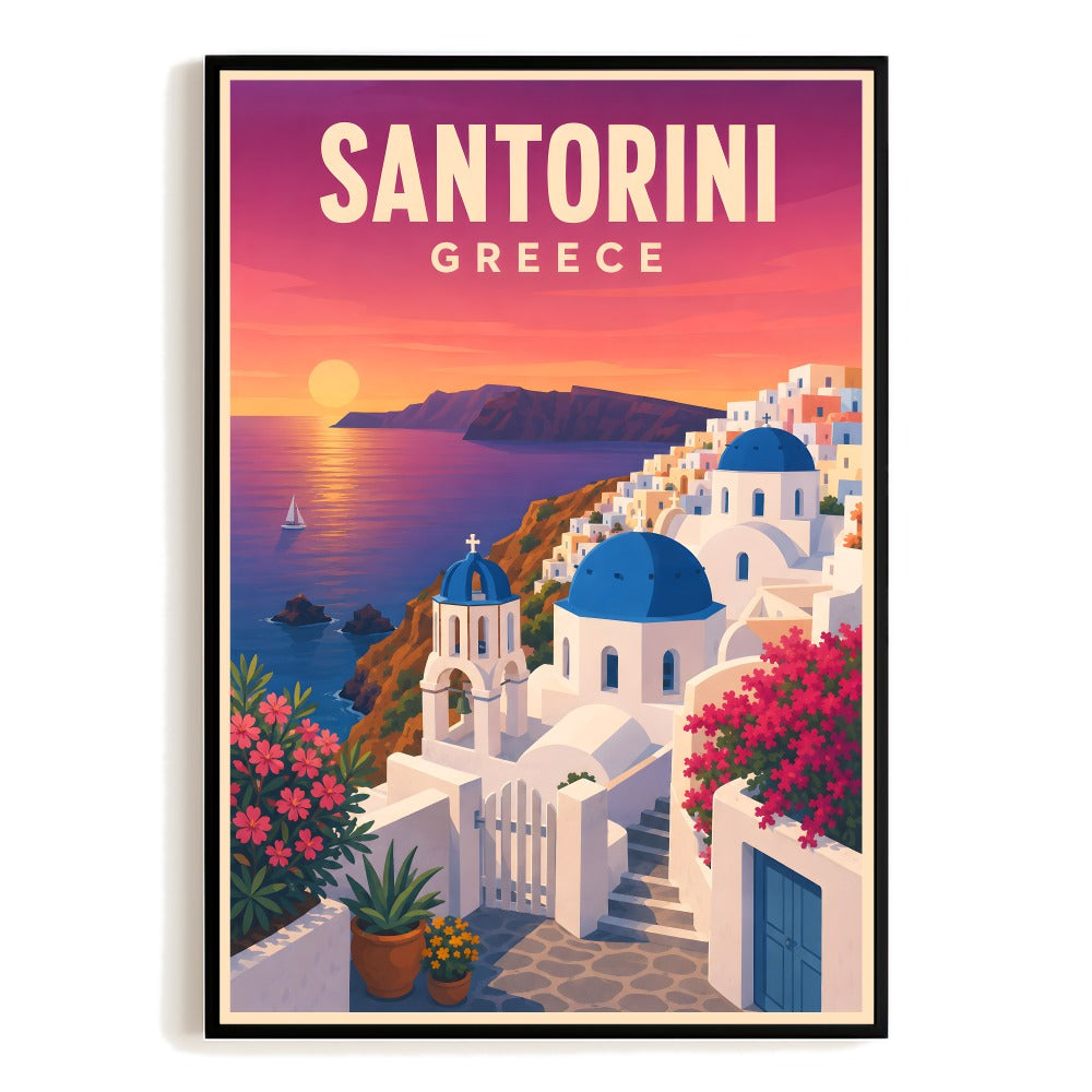 Santorini Greece Travel Poster Mediterranean Sunset Blue Dome Landscape Wall Art Decor For Home Living Room Bedroom Office Kitchen Souvenir Print Unframed | teecentury