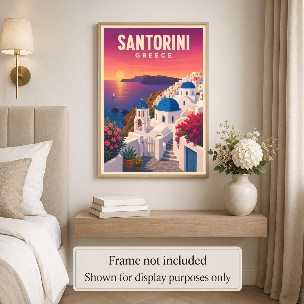 Santorini Greece Travel Poster Mediterranean Sunset Blue Dome Landscape Wall Art Decor For Home Living Room Bedroom Office Kitchen Souvenir Print Unframed | teecentury