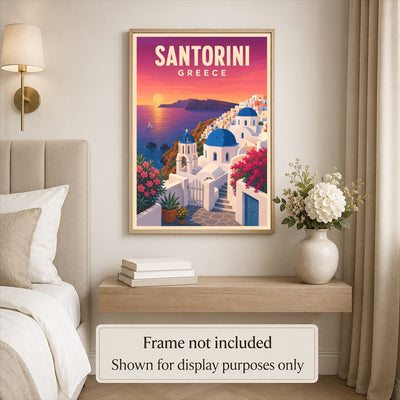 Santorini Greece Travel Poster Mediterranean Sunset Blue Dome Landscape Wall Art Decor For Home Living Room Bedroom Office Kitchen Souvenir Print Unframed | teecentury