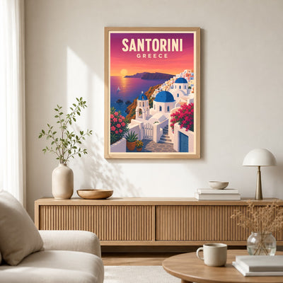 Santorini Greece Travel Poster Mediterranean Sunset Blue Dome Landscape Wall Art Decor For Home Living Room Bedroom Office Kitchen Souvenir Print Unframed | teecentury