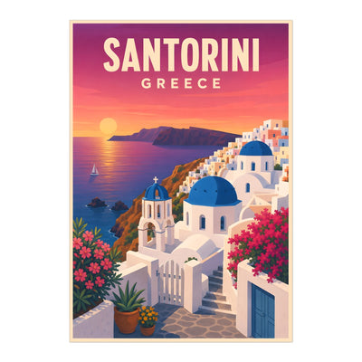 Santorini Greece Travel Poster Mediterranean Sunset Blue Dome Landscape Wall Art Decor For Home Living Room Bedroom Office Kitchen Souvenir Print Unframed | teecentury