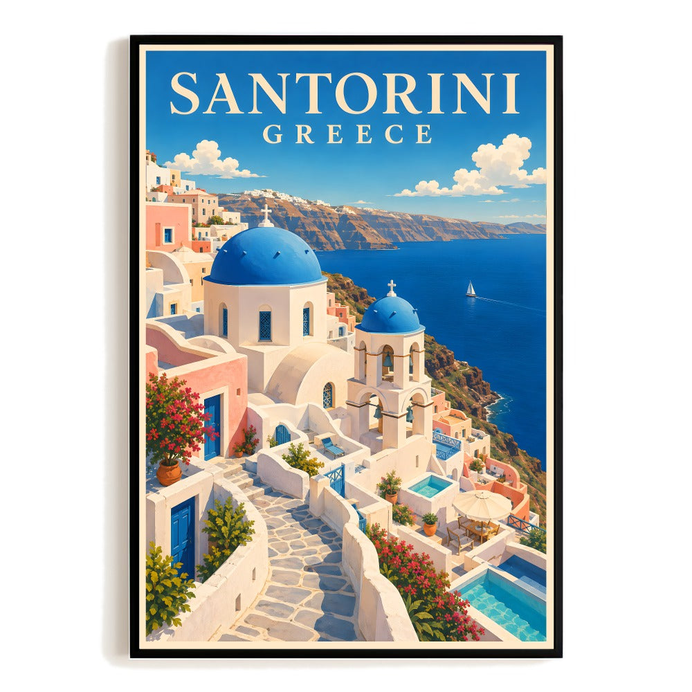 Santorini Greece Travel Poster Vintage Mediterranean Architecture Blue Dome Wall Art Landscape Print Painting Picture Ideal For Home Living Room Office Decor Unframed | teecentury