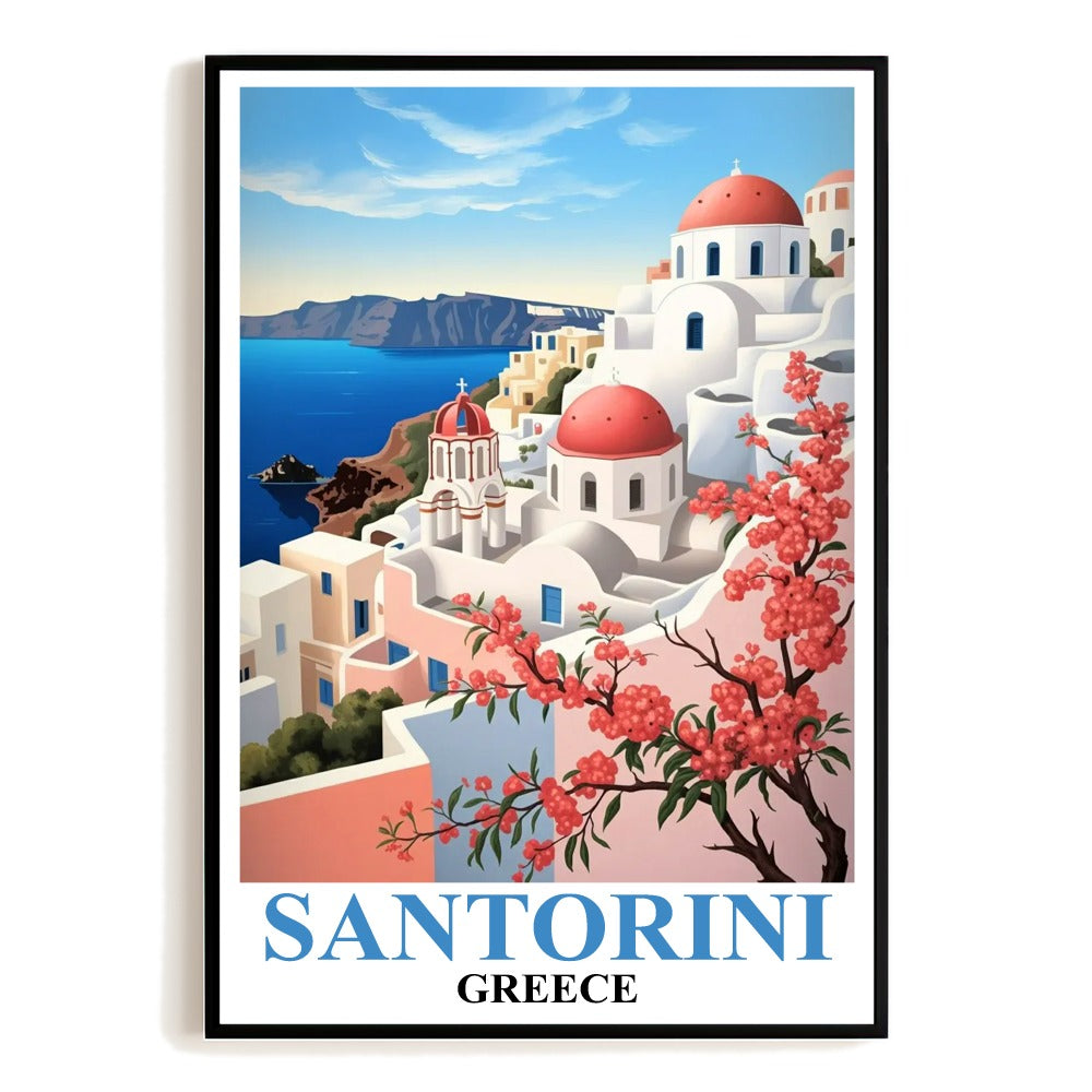 Santorini Greece Vintage Travel Poster White Cliffside Buildings Church Sunset Views Souvenir Wall Art Landscape Print Ideal For Home Office Living Room Decor Unframed | teecentury