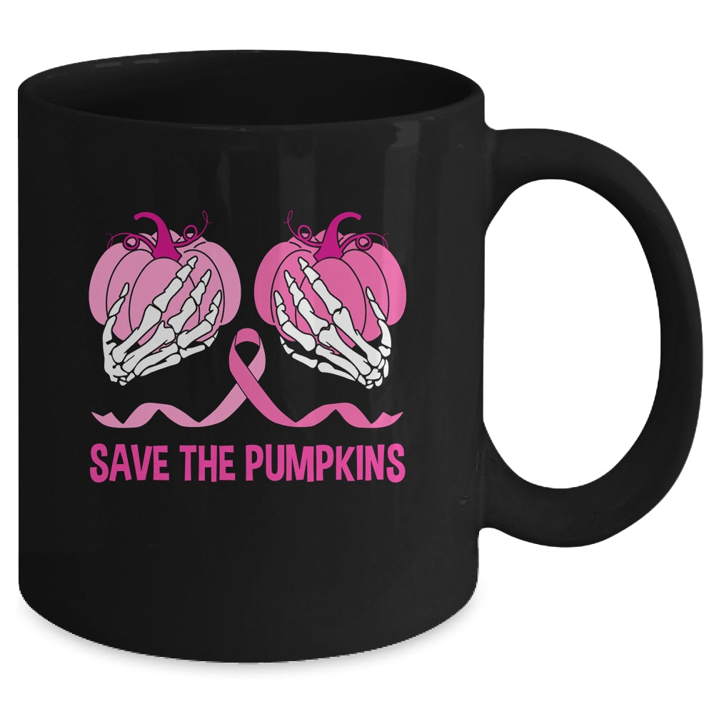 Save The Pumpkin Boobs Skeleton Hand Halloween Breast Cancer Mug | teecentury