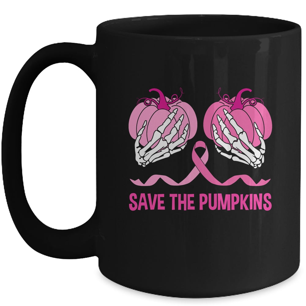 Save The Pumpkin Boobs Skeleton Hand Halloween Breast Cancer Mug | teecentury
