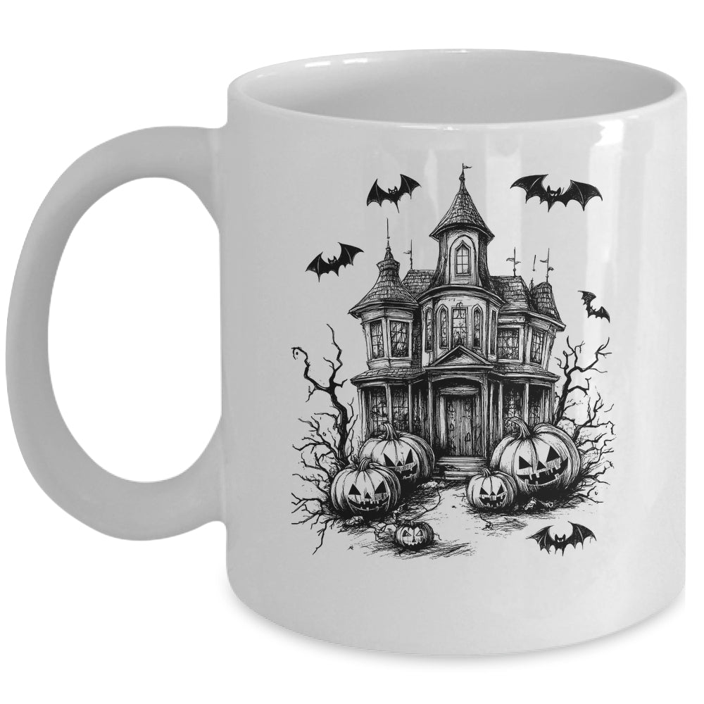Scary Halloween House Spooky Season Bats Pumpkins Costume Mug | teecentury