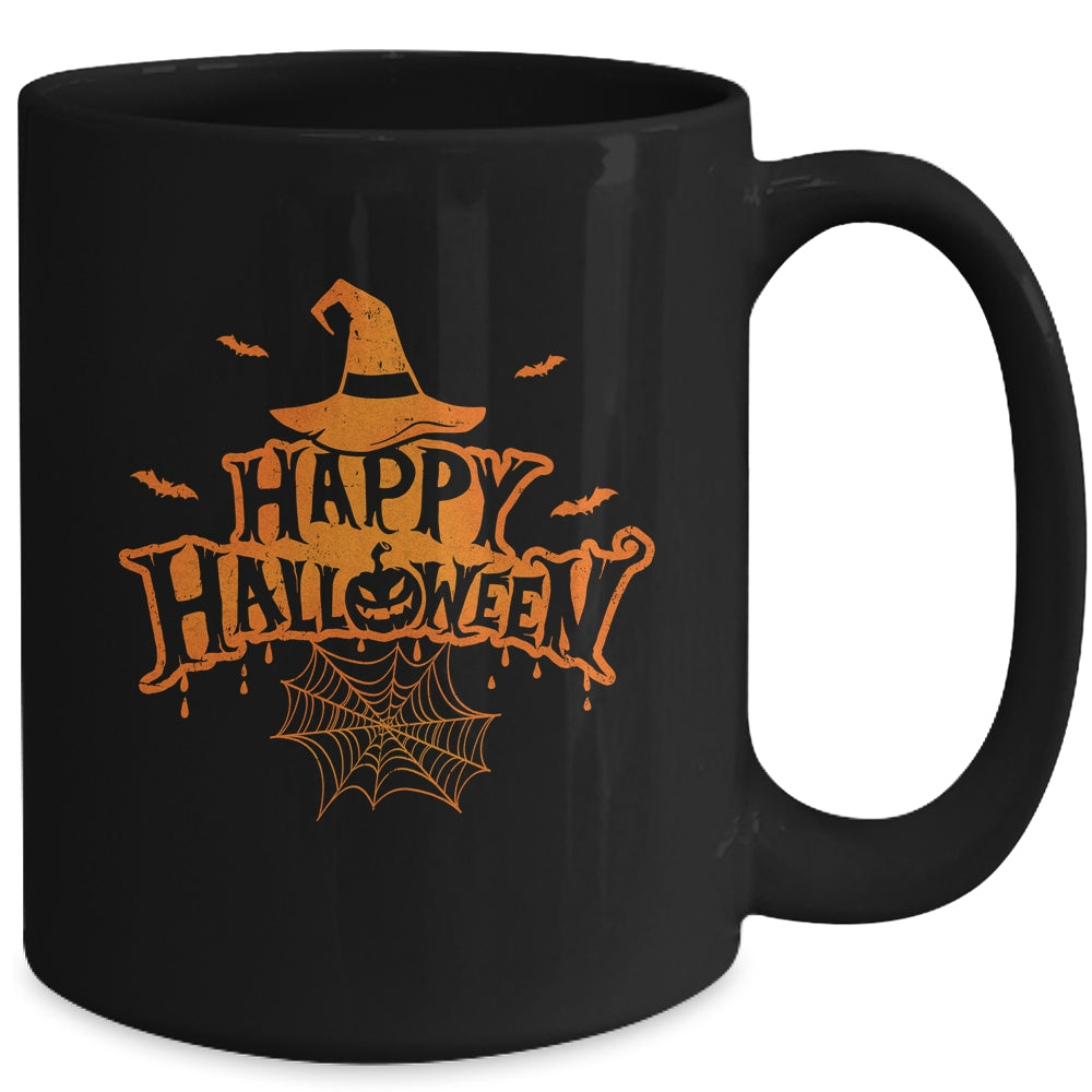 Scary Happy Halloween With Witch Hat Pumpkin Face And Bats Mug | teecentury