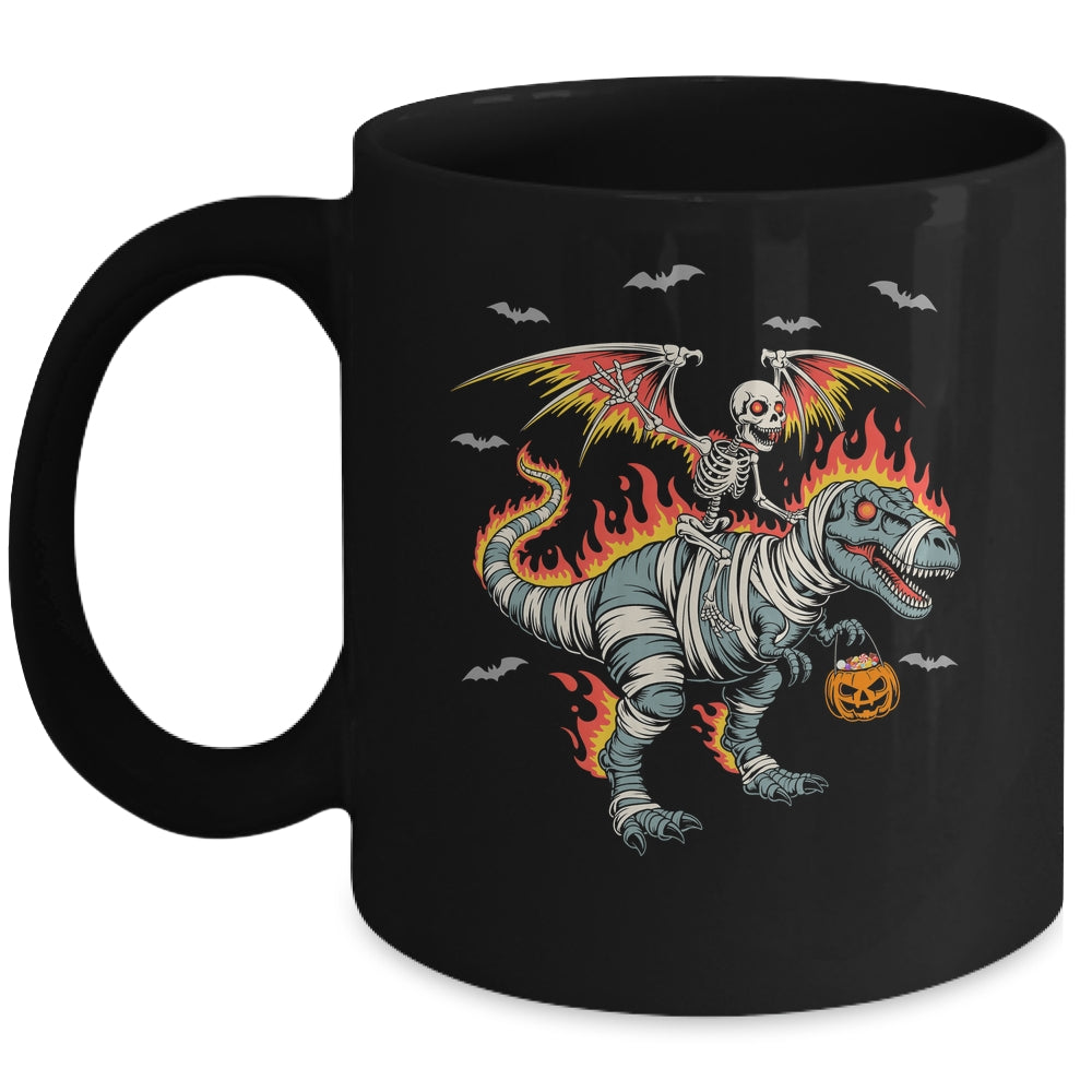 Scary Skeleton Riding Dinosaur T-Rex Halloween Pumpkin Mug | teecentury