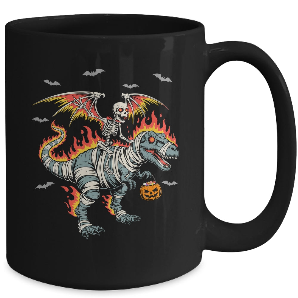 Scary Skeleton Riding Dinosaur T-Rex Halloween Pumpkin Mug | teecentury