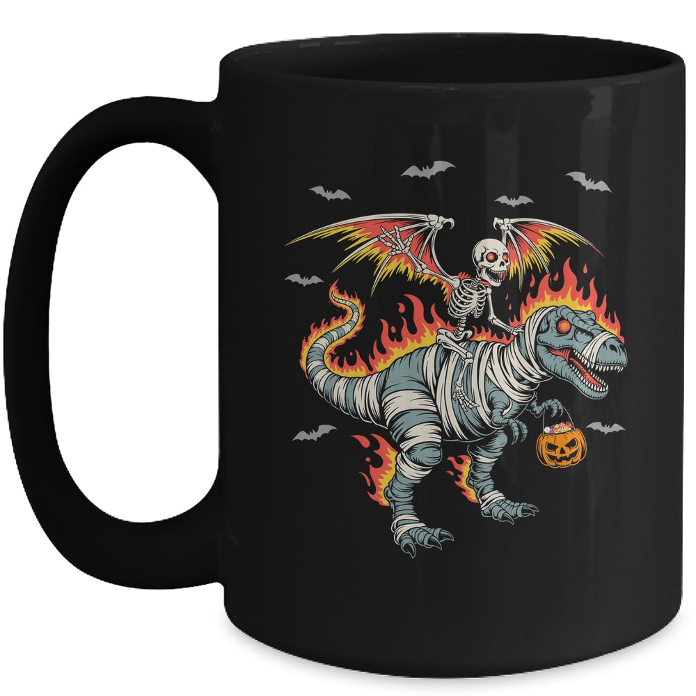 Scary Skeleton Riding Dinosaur T-Rex Halloween Pumpkin Mug | teecentury