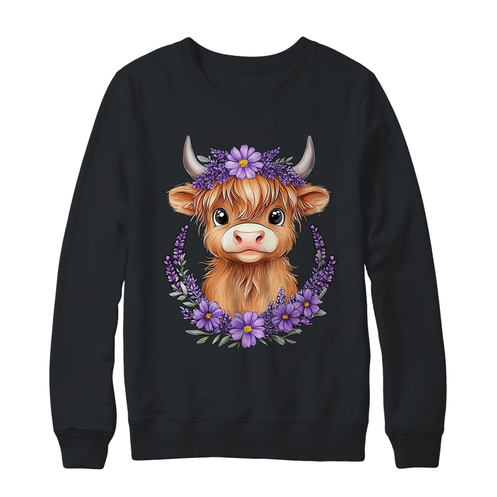 Scottish Highland Cow Baby With Purple Flowers Farmer Women Shirt & Sweatshirt | teecentury