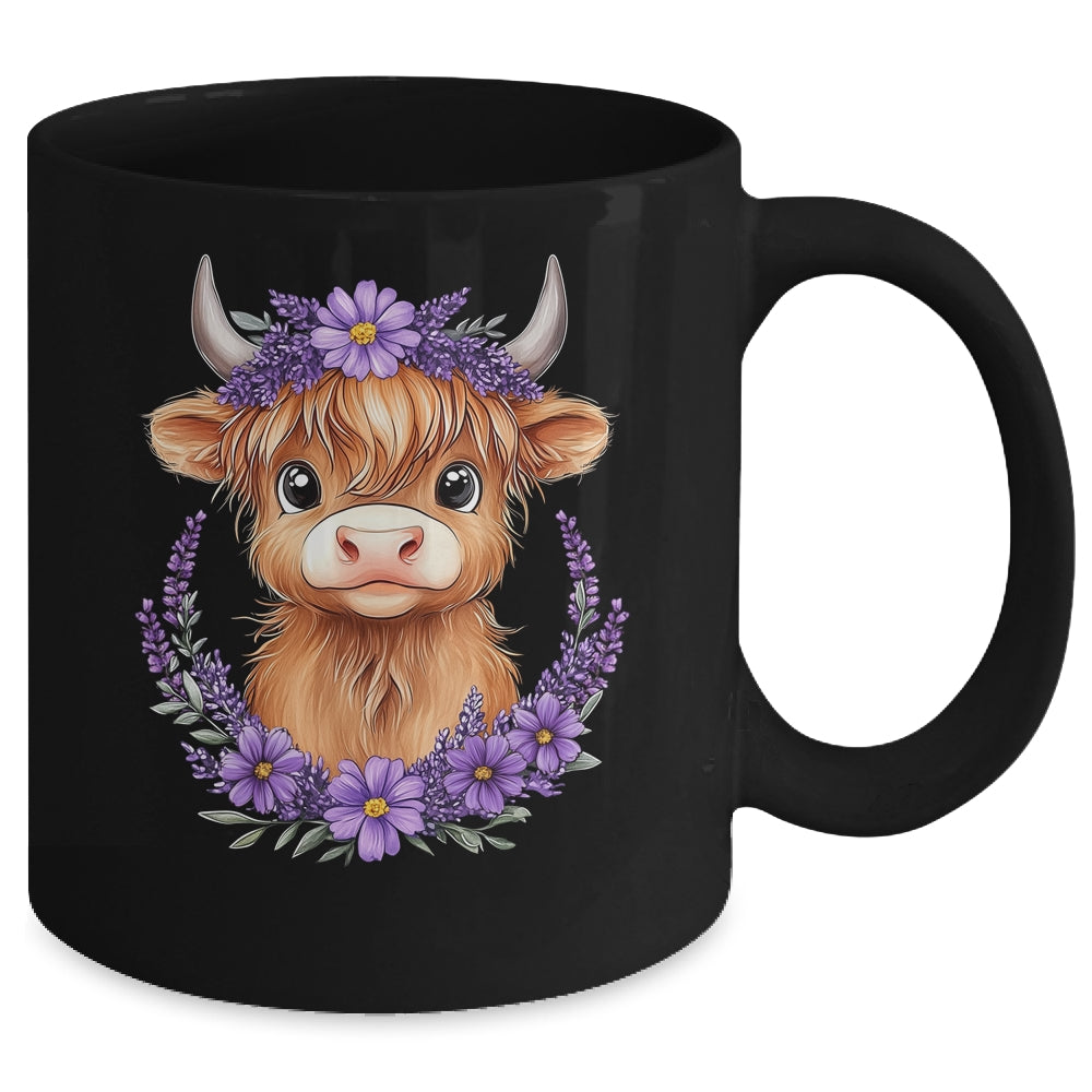 Scottish Highland Cow Baby With Purple Flowers Farmer Women Mug | teecentury