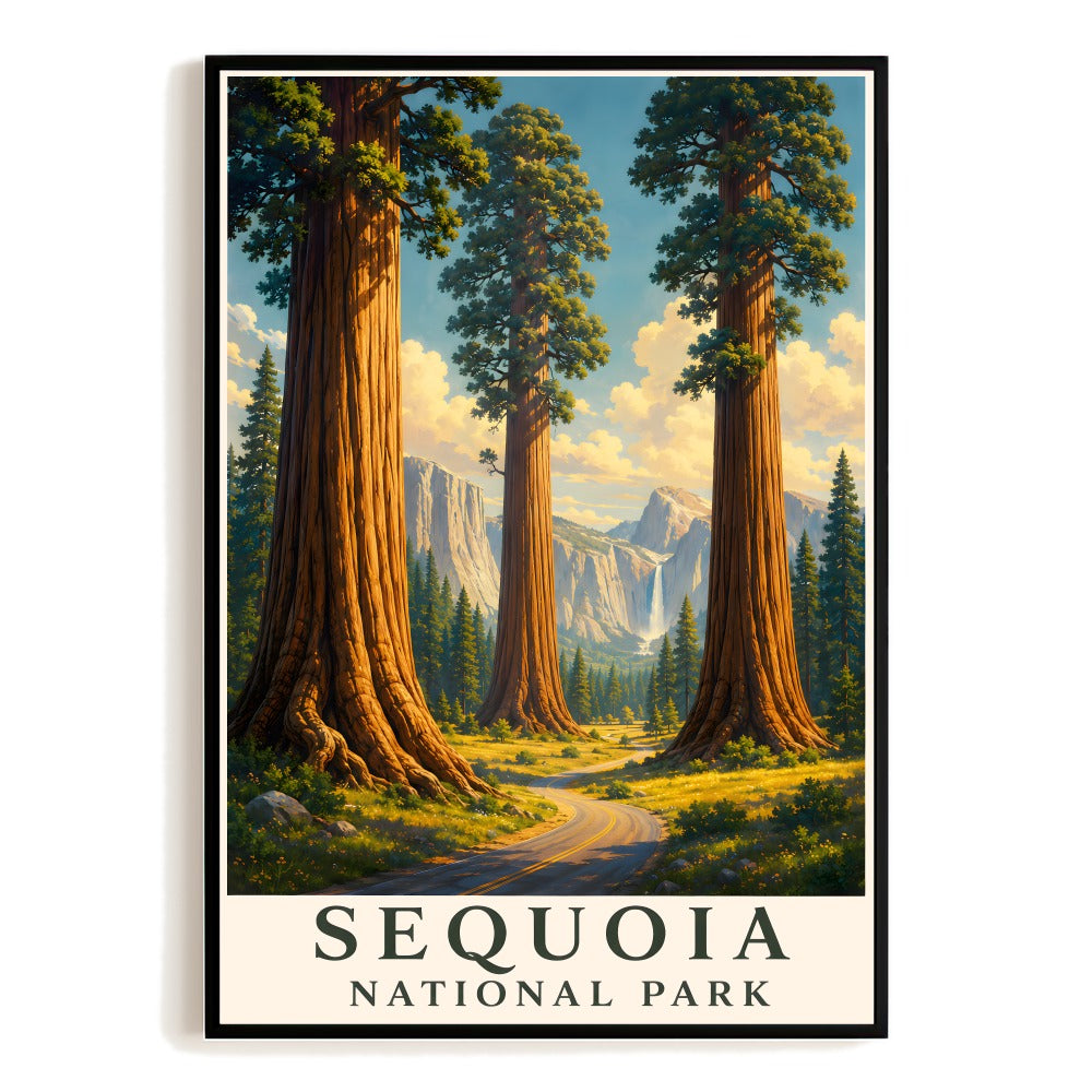 Sequoia National Park Travel Poster Vintage Tunnel Log Giant Sequoia Trees Souvenir Wall Art Print Painting Picture Ideal For Living Room Home Office Decor Unframed | teecentury